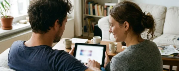 Un couple trentenaire assis sur un canapé lumineux consulte ensemble une tablette, visages concentrés mais détendus