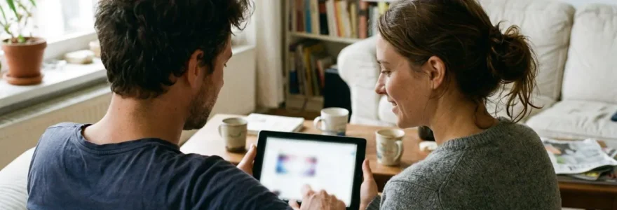 Un couple trentenaire assis sur un canapé lumineux consulte ensemble une tablette, visages concentrés mais détendus