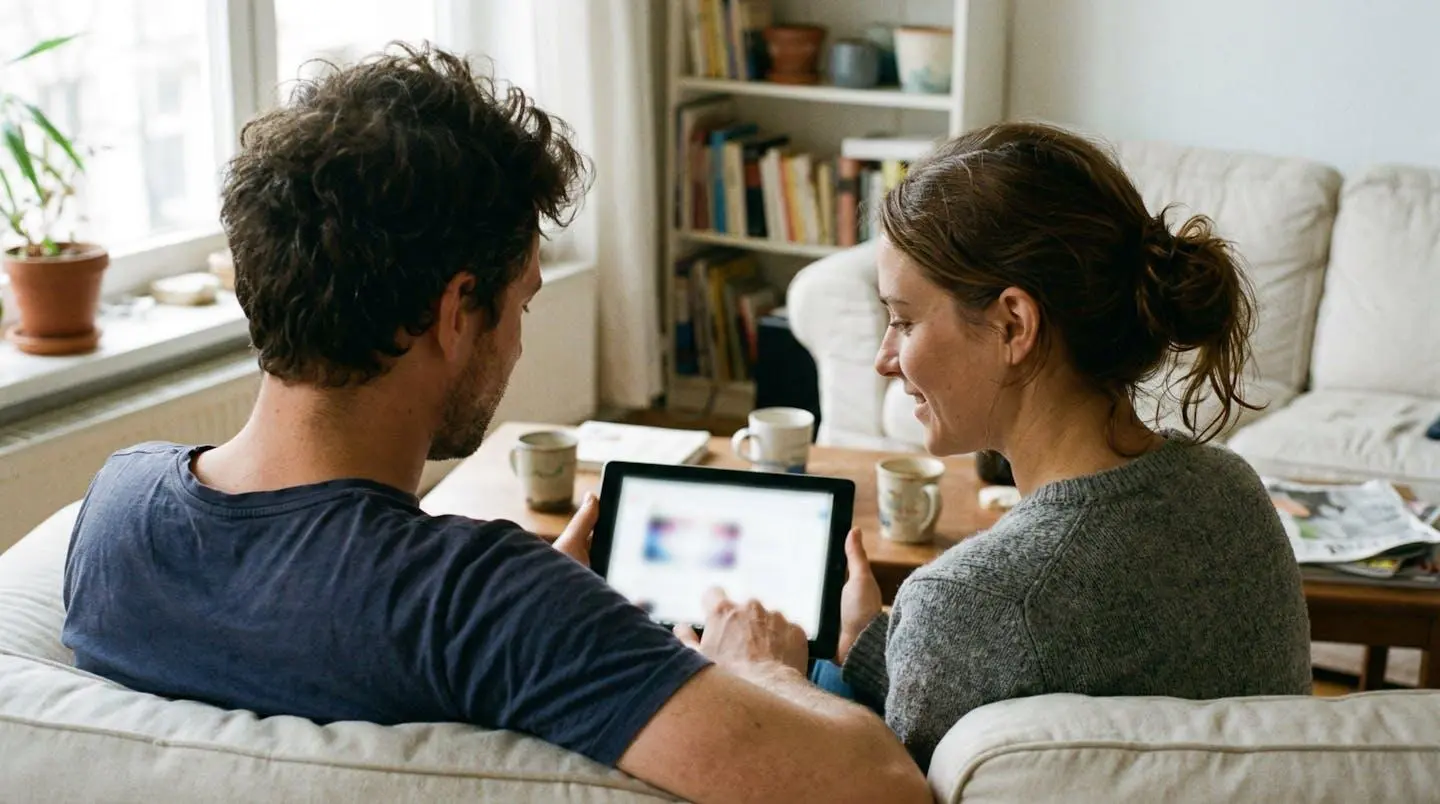 Un couple trentenaire assis sur un canapé lumineux consulte ensemble une tablette, visages concentrés mais détendus