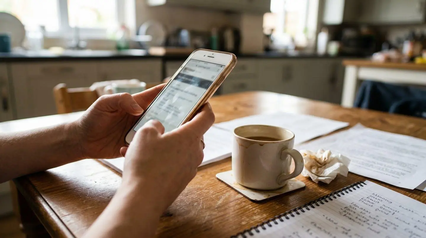 Des mains tiennent un smartphone au-dessus d'une table avec une tasse de café et quelques documents épars