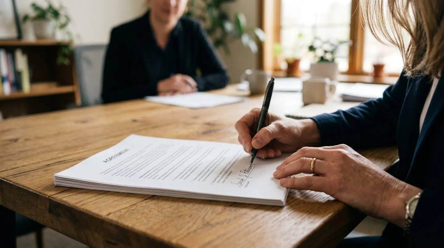 Une personne signe un document sur une table, stylo en main, avec une silhouette floue en arrière-plan