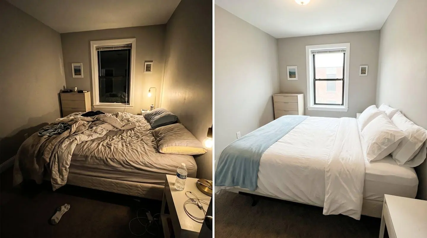 Comparaison avant (brute) et après (retouchée) d'une chambre montrant l'impact de la retouche.