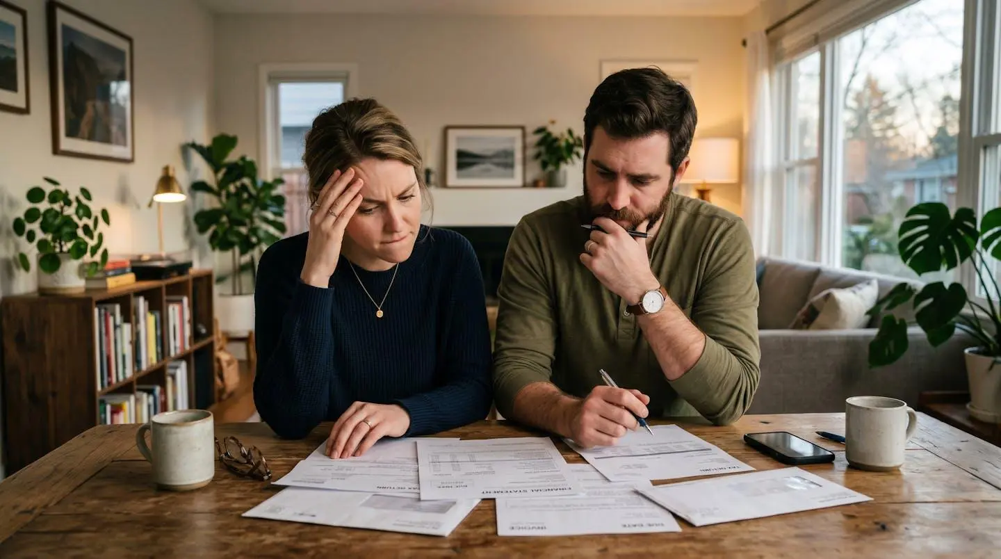 Couple consultant des documents bancaires avec inquiétude dans leur salon