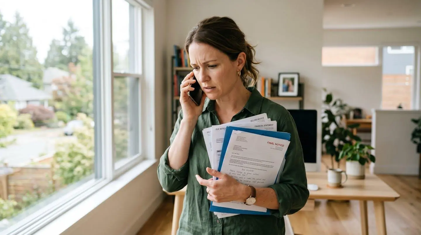 Femme au téléphone avec des documents dans la main, expression de stress