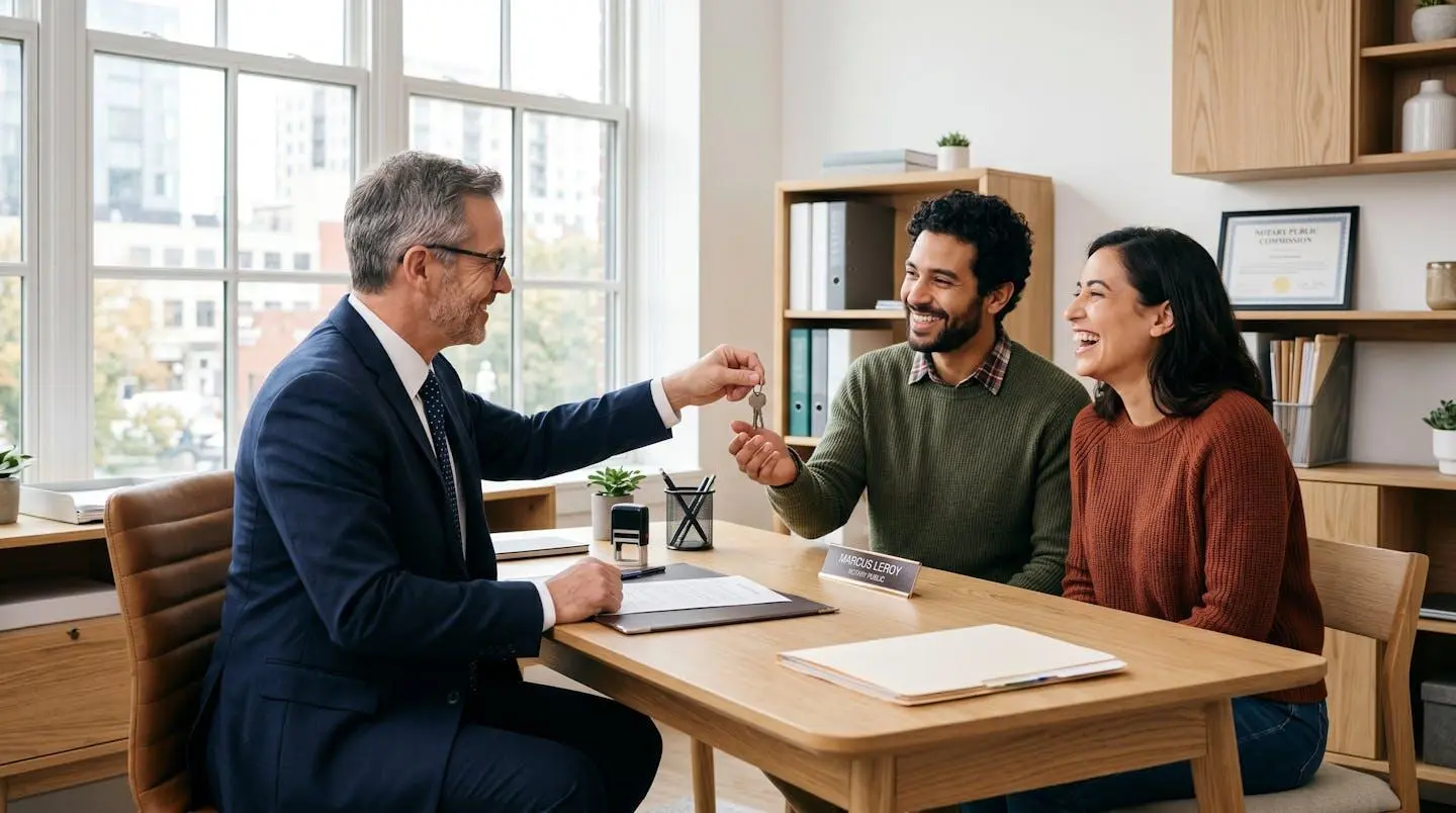 Notaire remettant les clés à de nouveaux propriétaires dans son bureau