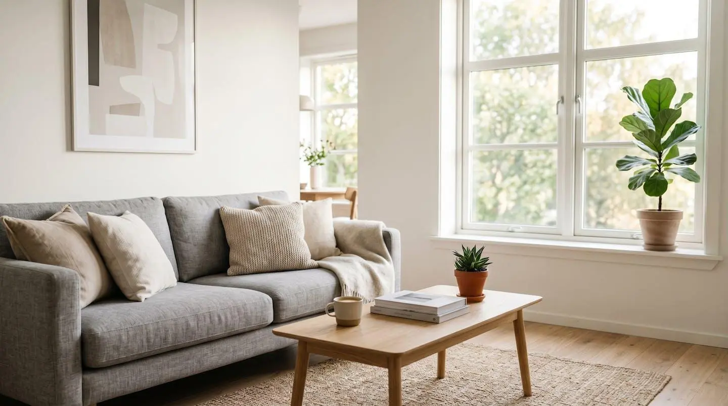 Salon lumineux et épuré avec canapé et table basse, typique des annonces immobilières soignées.