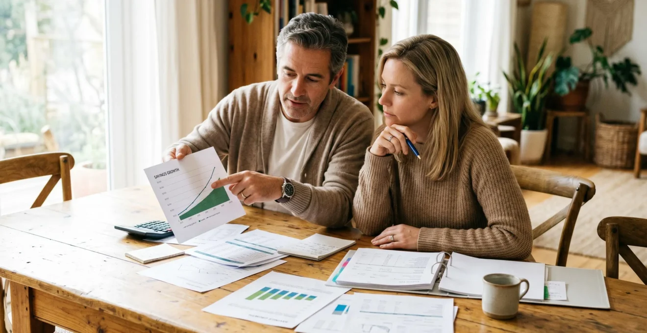 Un couple de quadragénaires analysant des documents financiers autour d'une table lumineuse, l'un pointant un graphique d'épargne, l'autre tenant un stylo