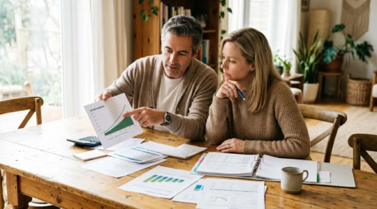 Un couple de quadragénaires analysant des documents financiers autour d'une table lumineuse, l'un pointant un graphique d'épargne, l'autre tenant un stylo