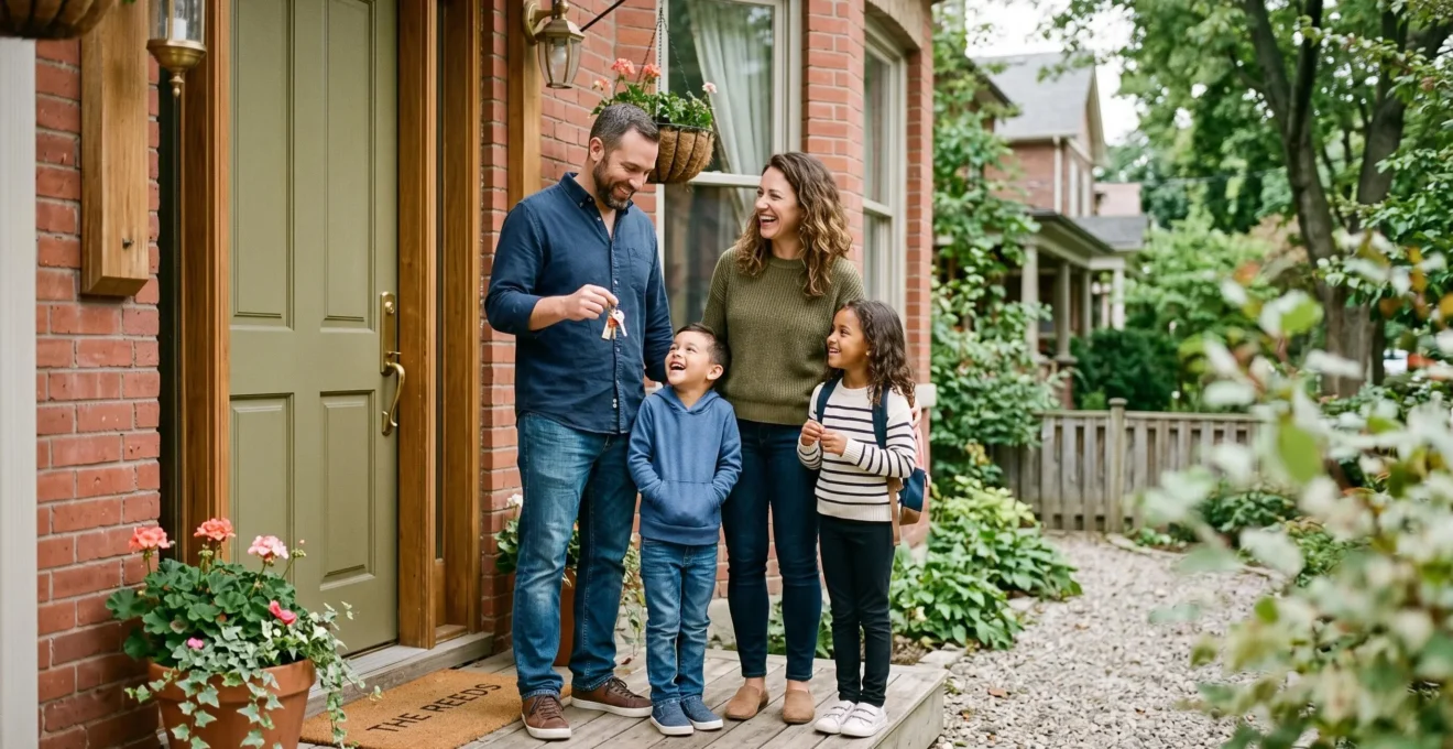 Une famille avec deux enfants debout devant l'entrée de leur maison, le père tenant les clés, sourires naturels et décontractés