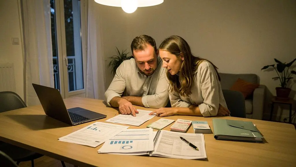 Un couple assis à la table de leur salle à manger organise des documents financiers pour leur dossier de crédit immobilier, incluant relevés bancaires et livrets d'épargne