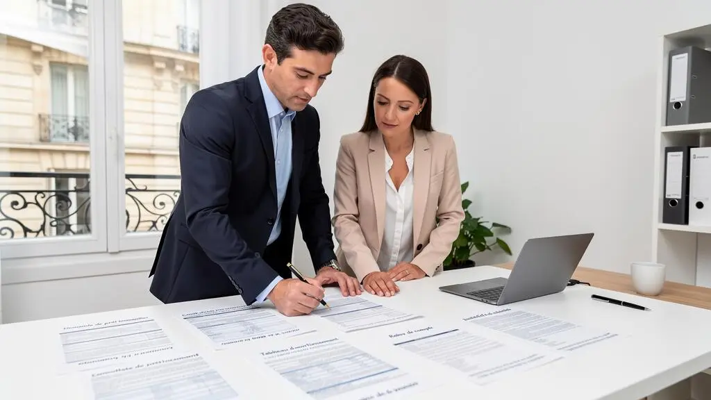 Un courtier immobilier et son client, debout autour d'une table, examinent ensemble un dossier de demande de prêt immobilier avec relevés d'épargne et documents financiers étalés
