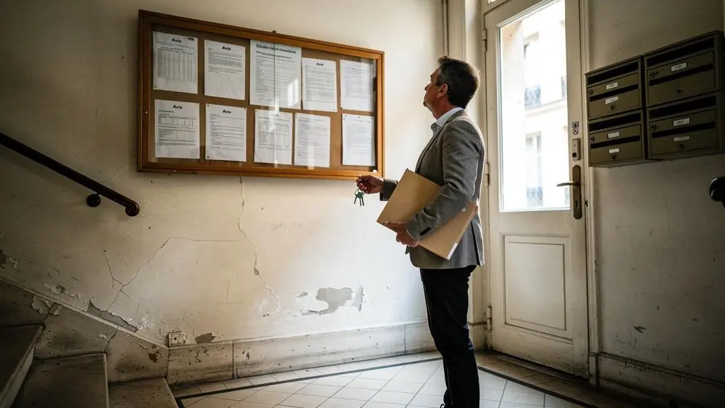 Un acheteur examine le panneau d'affichage de la copropriété dans le hall d'un immeuble ancien.