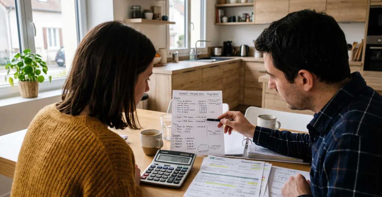 Un couple calcule son budget de construction à table avec des documents annotés.