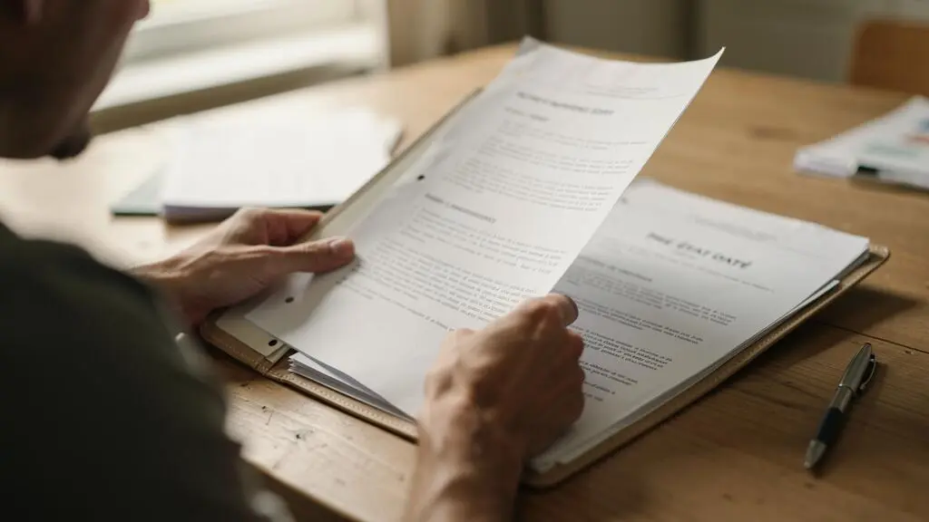Des mains feuillettent un dossier de procès-verbaux posé sur une table en bois.