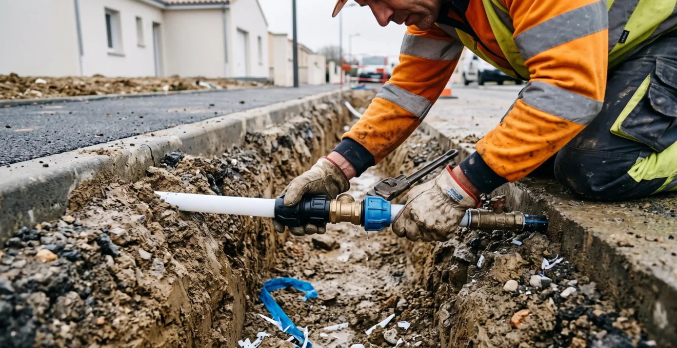 Un ouvrier raccorde une canalisation d'eau sur un chantier de maison neuve.