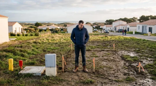 Un futur propriétaire se tient sur son terrain viabilisé nu en lisière de lotissement.