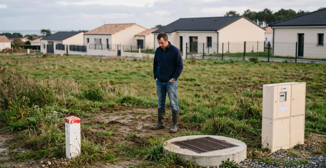 Un futur propriétaire se tient sur son terrain viabilisé nu en lisière de lotissement.